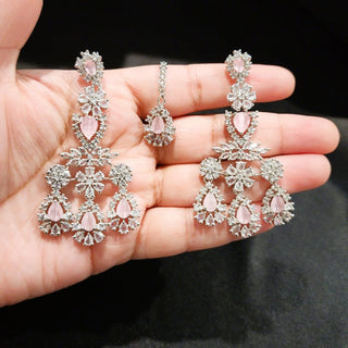 Brooke CZ Diamond Simulant Necklace Set with Maang Tikka - ECLAT INDIAN JEWELSNecklace SetsPink