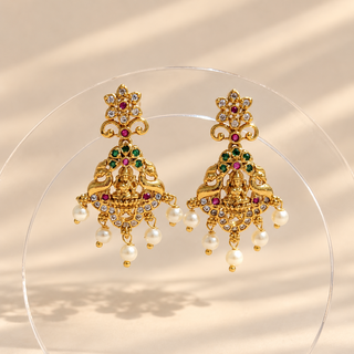 Winifred multicolour Kemp temple Lakshmi earrings gold finish red green stones pearl drops