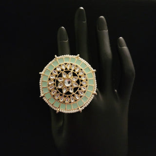 Cadence Gold Mint Green Kundan Adjustable Ring - ECLAT INDIAN JEWELSRingsGreen