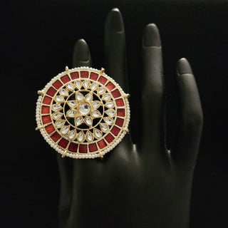 Cadence Gold Red Kundan Adjustable Ring - ECLAT INDIAN JEWELSRingsRed