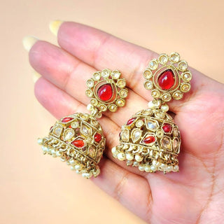 Callie Dark Red Polki Jhumka Earrings - ECLAT INDIAN JEWELSEarringsRed