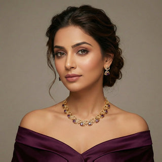 Camila Purple Gold Plated Diamond Simulant Necklace Set - ECLAT INDIAN JEWELSNecklace SetsPurple