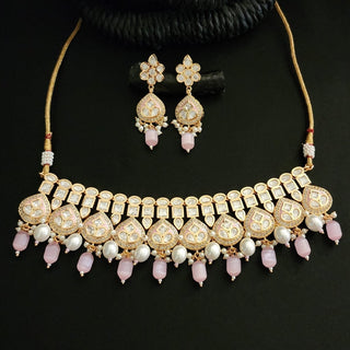 Camryn Pastel Pink Kundan CZ Choker Necklace Set - Luxury Collection - ECLAT INDIAN JEWELSNecklace SetsPink