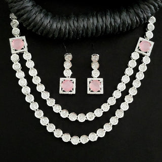 Cassidy Pink Double Layered Budget CZ Diamond Simulant Necklace Set - ECLAT INDIAN JEWELSNecklace SetsPink