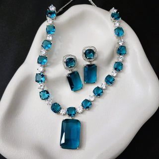 Caylee Teal Blue CZ AD Necklace Set - ECLAT INDIAN JEWELSNecklace SetsBlue