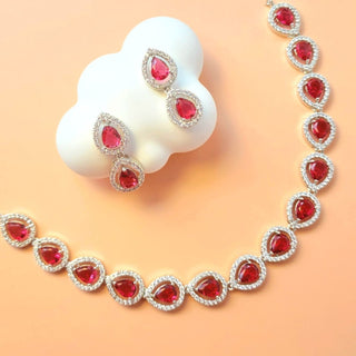 Cecily Red Diamond Simulant Necklace Set - ECLAT INDIAN JEWELSNecklace SetsRed