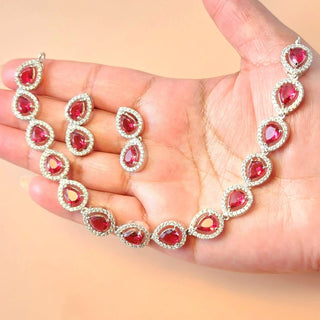 Cecily Red Diamond Simulant Necklace Set - ECLAT INDIAN JEWELSNecklace SetsRed