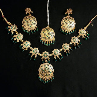 Celine Green Jadau Necklace Set with Maang Tikka - ECLAT INDIAN JEWELSNecklace SetsGreen