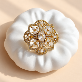 Charlotte gold finish CZ diamond simulant floral statement ring front view
