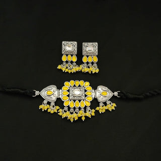 Charlotte Yellow German Silver Choker Necklace Set - ECLAT INDIAN JEWELSNecklace SetsYellow