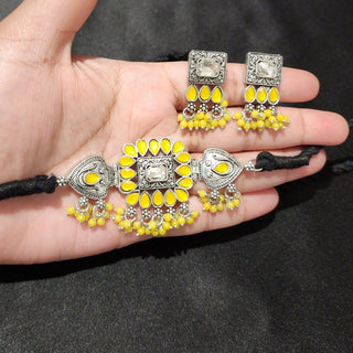 Charlotte Yellow German Silver Choker Necklace Set - ECLAT INDIAN JEWELSNecklace SetsYellow