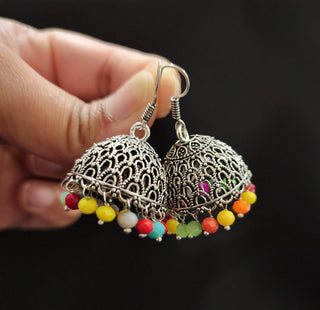 Chloe Multicolour German Silver Jhumki Earrings - ECLAT INDIAN JEWELSEarringsMulticolour