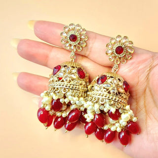Claire Dark Red Polki Jhumka Earrings - ECLAT INDIAN JEWELSEarringsRed