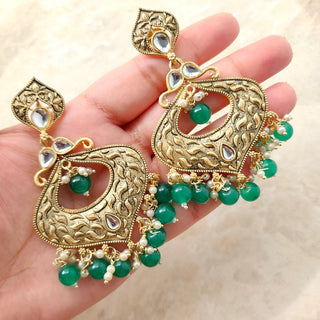 Claire Green Kundan Gold Plated Earrings - ECLAT INDIAN JEWELSEarringsGreen