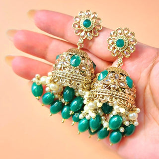 Claire Green Polki Jhumka Earrings - ECLAT INDIAN JEWELSEarringsGreen
