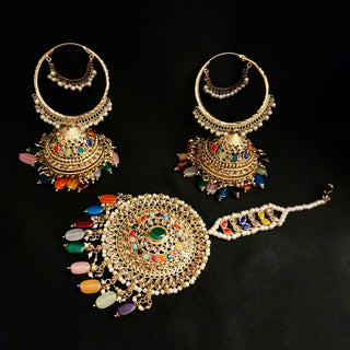 Clarissa Multicolour Jumbo Polki Bali Jhumki Tikka Set - ECLAT INDIAN JEWELSTikka SetsMulticolour