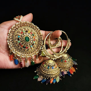 Clarissa Multicolour Jumbo Polki Bali Jhumki Tikka Set - ECLAT INDIAN JEWELSTikka SetsMulticolour