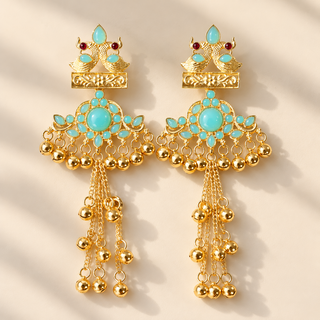 Claudine light blue Kashmiri chandelier earrings gold finish aqua blue stones bird motifs and ghungroo chain tassels flat lay