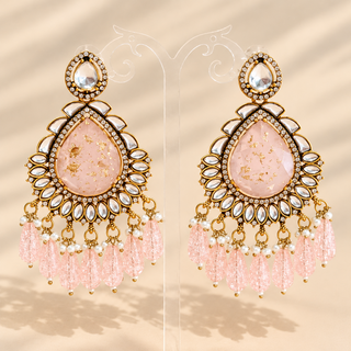 Clementina blush pink kundan style chandelier earrings 9 cm with pink teardrop gold flecks clear stones and pink bead tassels