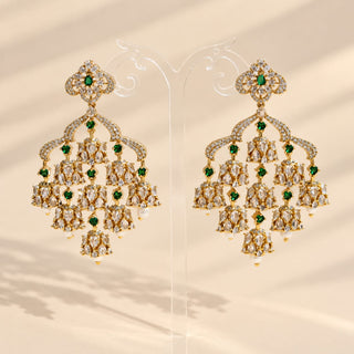Clementine green CZ diamond simulant gold finish 6.5 cm cascading multi jhumka chandelier earrings photo 1