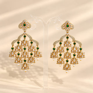Clementine green CZ diamond simulant gold finish 6.5 cm cascading multi jhumka chandelier earrings photo 2