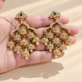 Clementine green CZ diamond simulant gold finish 6.5 cm cascading multi jhumka chandelier earrings photo 3