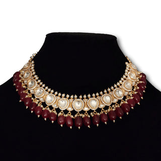 Constance Dark Red Uncut Polki Necklace Set with Semi - precious Stones - ECLAT INDIAN JEWELSNecklace SetsRed