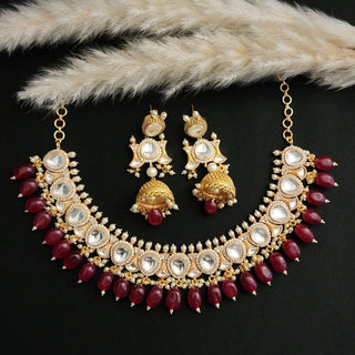 Constance Dark Red Uncut Polki Necklace Set with Semi - precious Stones - ECLAT INDIAN JEWELSNecklace SetsRed