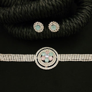 Coraline Mint and Pastel Pink AD Choker Set with Stud Earrings - ECLAT INDIAN JEWELSNecklace SetsMulticolour