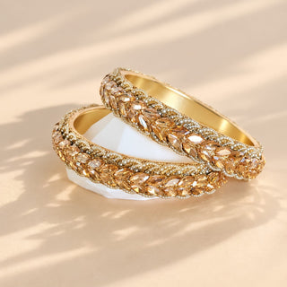 Cressida gold kada bangles pair champagne crystal marquise leaf detailing ivory bead border