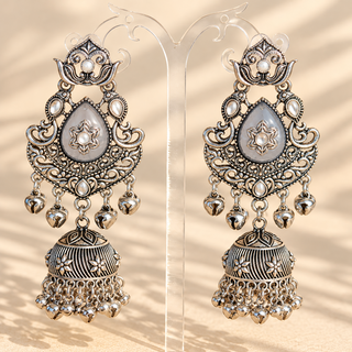 Cressida grey oxidised German silver kundan jhumka earrings 8.5 cm long with teardrop grey stones and ghungroo bells