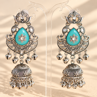 Cressida light blue German silver oxidised kundan jhumka earrings 8.5 cm with turquoise blue teardrop stones and ghungroo bells