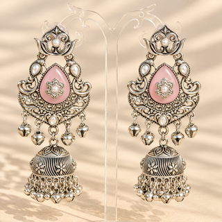 Cressida light pink German silver oxidised kundan jhumka earrings 8.5 cm with pastel pink teardrop stones and ghungroo bells on stand