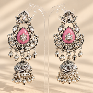 Cressida lilac purple German silver oxidised kundan jhumka earrings 8.5 cm on clear jewellery stand
