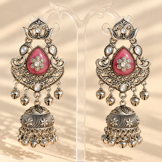 Cressida plum purple German silver oxidised kundan jhumka earrings 8.5 cm on clear stand