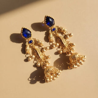 Cristina Blue Kashmiri Jhumka Gold Finish Earrings - ECLAT INDIAN JEWELSKashmiri EarringsBlue