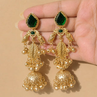 Cristina Green Kashmiri Jhumka Gold Finish Earrings - ECLAT INDIAN JEWELSKashmiri EarringsGreen