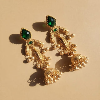 Cristina Green Kashmiri Jhumka Gold Finish Earrings - ECLAT INDIAN JEWELSKashmiri EarringsGreen
