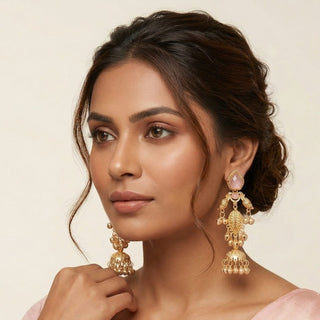 Cristina Light Pink Kashmiri Jhumka Gold Finish Earrings - ECLAT INDIAN JEWELSKashmiri EarringsPink