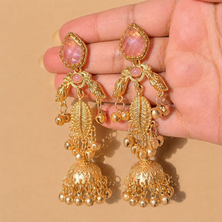Cristina Light Pink Kashmiri Jhumka Gold Finish Earrings - ECLAT INDIAN JEWELSKashmiri EarringsPink