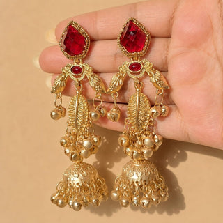 Cristina Red Kashmiri Jhumka Gold Finish Earrings - ECLAT INDIAN JEWELSKashmiri EarringsRed