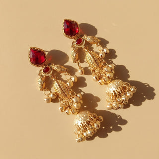 Cristina Red Kashmiri Jhumka Gold Finish Earrings - ECLAT INDIAN JEWELSKashmiri EarringsRed