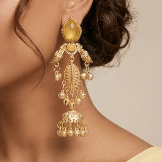 Cristina Yellow Kashmiri Jhumka Gold Finish Earrings - ECLAT INDIAN JEWELSKashmiri EarringsYellow