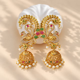 Florence multicolour peacock CZ diamond gold finish ear cuff jhumka earrings close-up