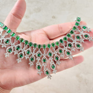 Daisy Green CZ Diamond Simulant Necklace Set with Maang Tikka - ECLAT INDIAN JEWELSNecklace SetsGreen