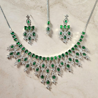 Daisy Green CZ Diamond Simulant Necklace Set with Maang Tikka - ECLAT INDIAN JEWELSNecklace SetsGreen