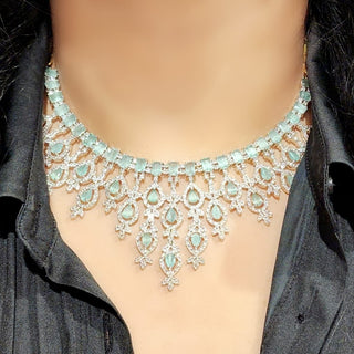 Daisy Mint Green CZ Diamond Simulant Necklace Set with Maang Tikka - ECLAT INDIAN JEWELSNecklace SetsGreen