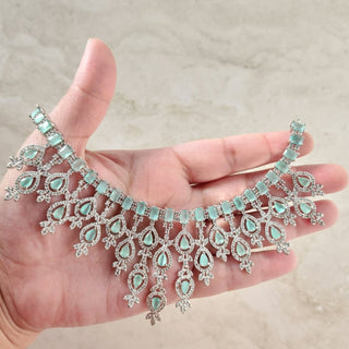 Daisy Mint Green CZ Diamond Simulant Necklace Set with Maang Tikka - ECLAT INDIAN JEWELSNecklace SetsGreen