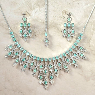 Daisy Mint Green CZ Diamond Simulant Necklace Set with Maang Tikka - ECLAT INDIAN JEWELSNecklace SetsGreen