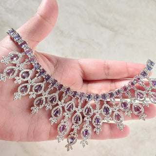 Daisy Purple CZ Diamond Simulant Necklace Set with Maang Tikka - ECLAT INDIAN JEWELSNecklace SetsPurple